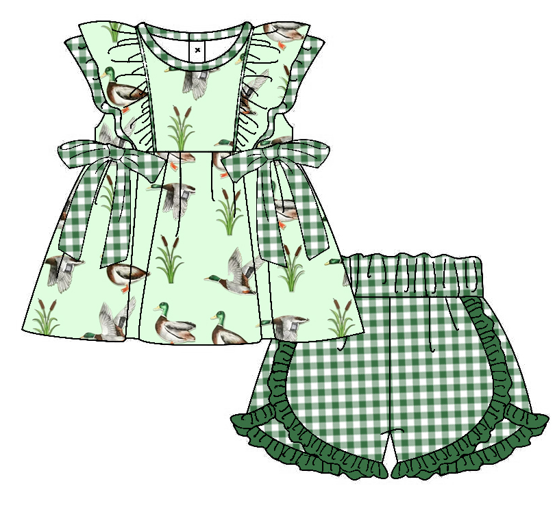 Baby Boy Girl Ducks Green Sibling Matching Green Dress Romper Clothes Set ( Moq 5 Each style )