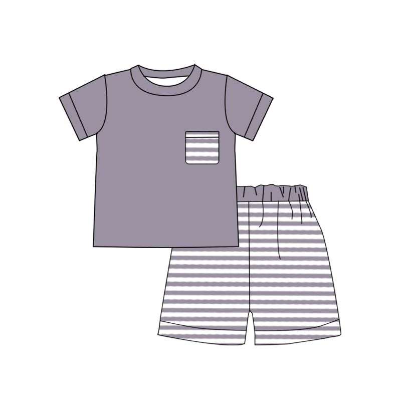 Moq 3 Pre-order BSSO0699 Baby Boy Short Sleeves Grey Shirt Stripes Shorts Set