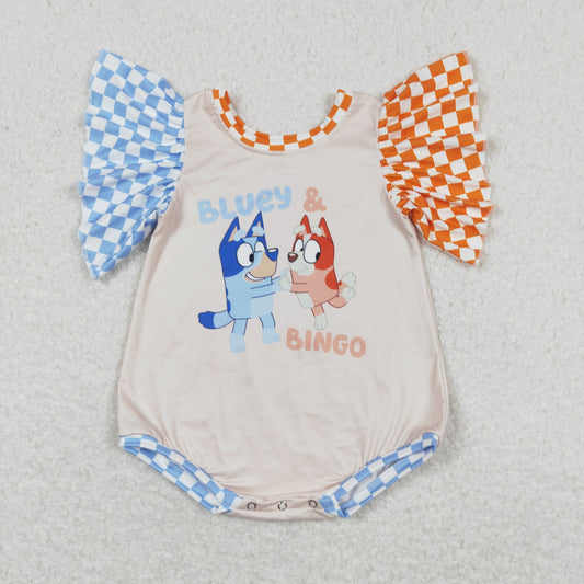 Baby Girl Checkered Short Sleeves Dogs Bubble One Piece Romper