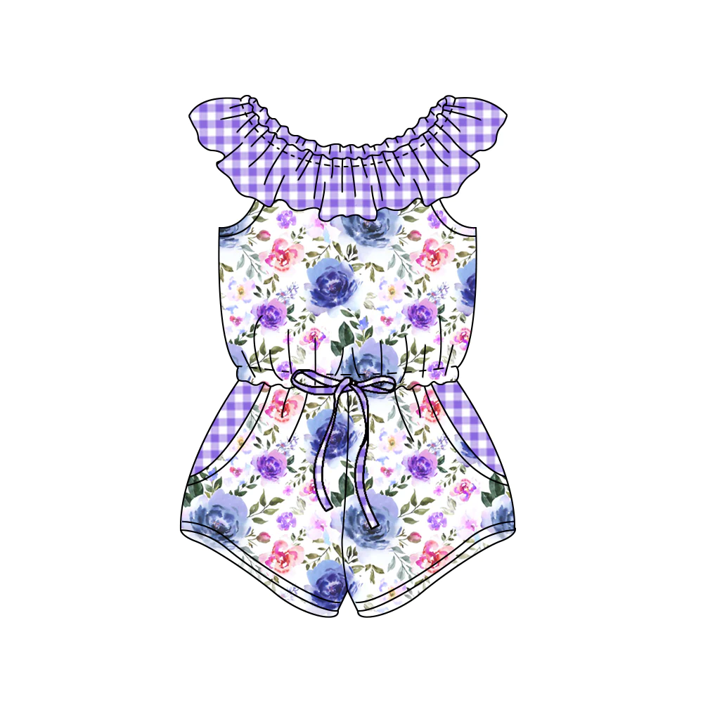 Moq 3 Pre-order SR1342 Baby Girl Floral Purple Plaid Pocket Shorts Summer Jumpsuit