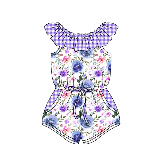 Moq 3 Pre-order SR1342 Baby Girl Floral Purple Plaid Pocket Shorts Summer Jumpsuit