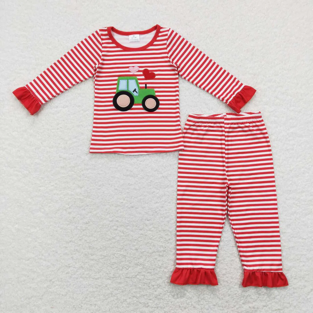 Baby Boy Girl Long Sleeves Embroidery Valentines Tractor Hearts Sibling Romper Pajamas Clothes Set