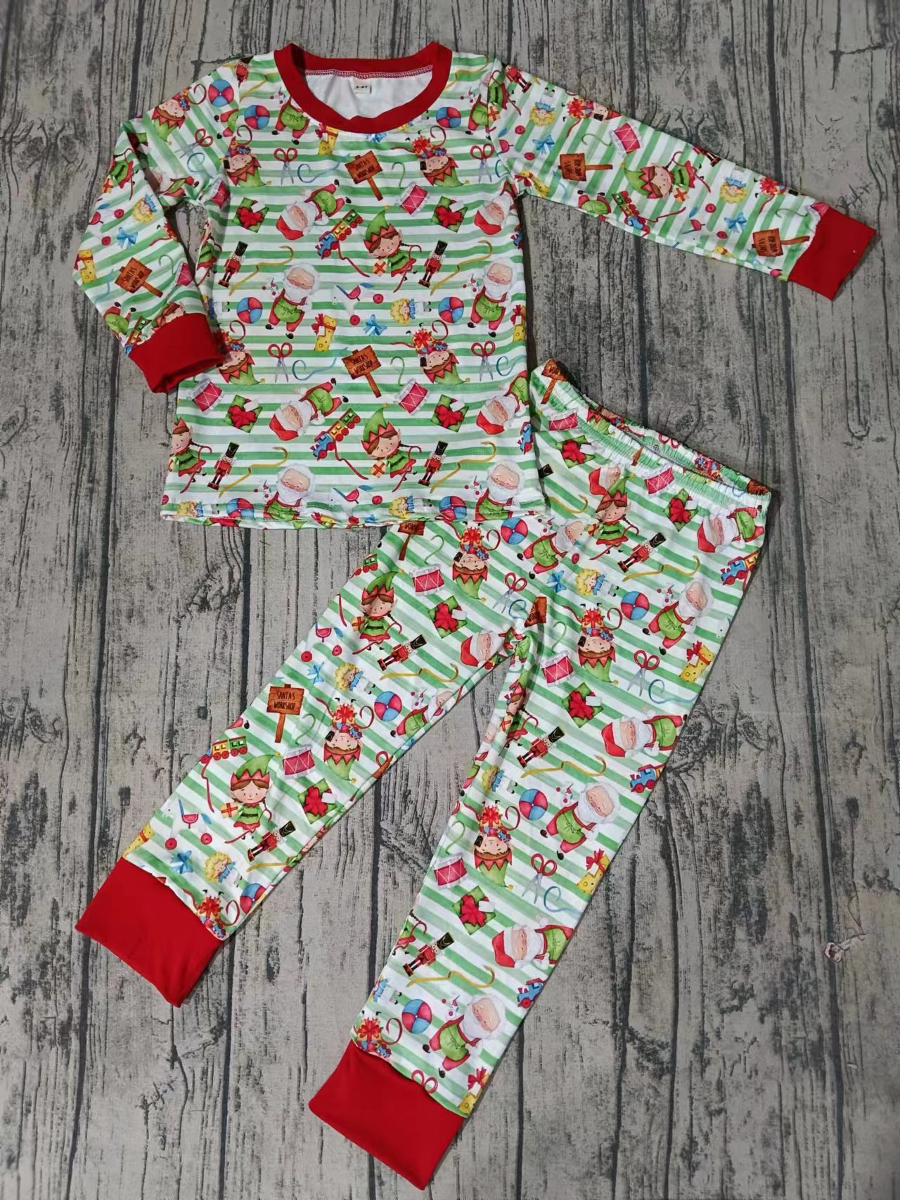 Baby Boy Long Sleeves Green Stripes Shirt Pants Pajamas Christmas Set