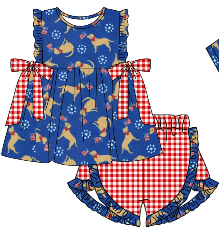 Baby Boy Girl July 4th Dog Sibling Matching Green Dress Romper Clothes Set ( Moq 5 Each style )