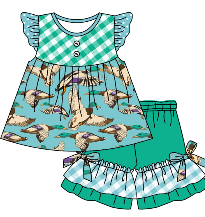 Baby Boy Girl Ducks Plaid Sibling Matching Green Dress Romper Clothes Set ( Moq 5 Each style )