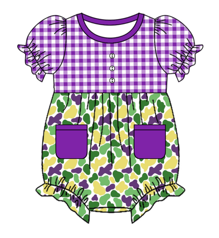 Baby Girl Short Sleeves Mardi Gras Camo Sibling Romper Dress Clothes Set ( Moq 5 Each Design )
