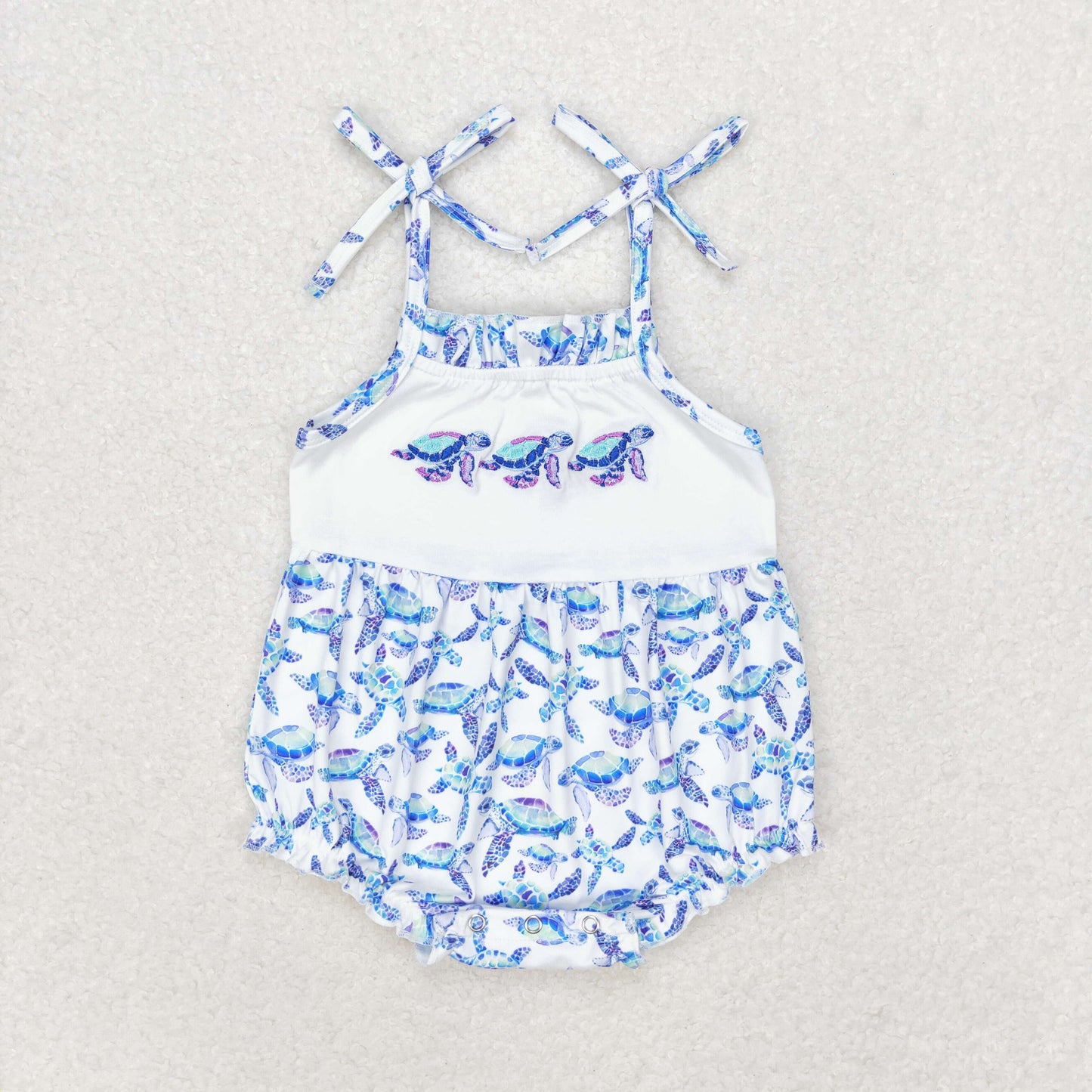 Baby Girl Sleeveless Embroidery Turtles Bubble One Piece Romper