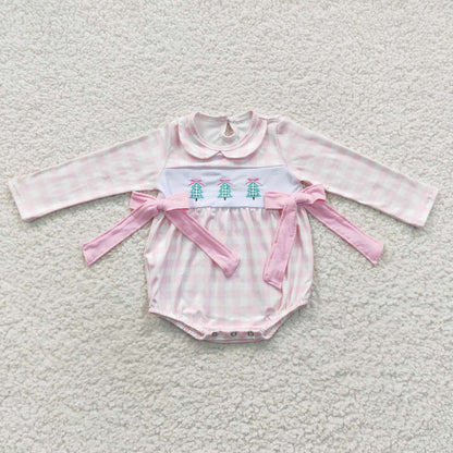 LR0334 Baby Girl Newborn Long Sleeves One Piece Christmas Embroidery Tree Pink Plaid Romper