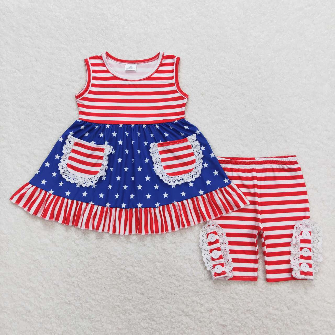 Baby Girl Sleeveless Stars Pocket Tunic Red Stripes Shorts July 4th Set