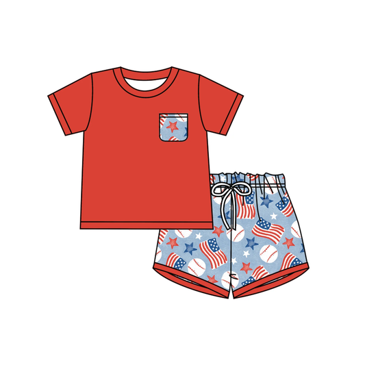 Pre-order Baby Boy Short Sleeves Red Shirt Baseball Flag Shorts Summer July 4th Set