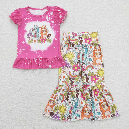 GSPO1375 Baby Girl Short Sleeves Dogs Shirt Floral Bell Pants Set