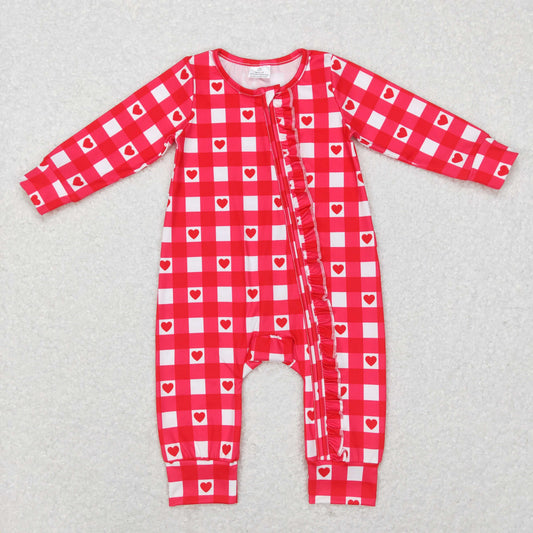 LR0832 Baby Girl Long Sleeves Valentine's Hearts Plaid Red One Piece Romper