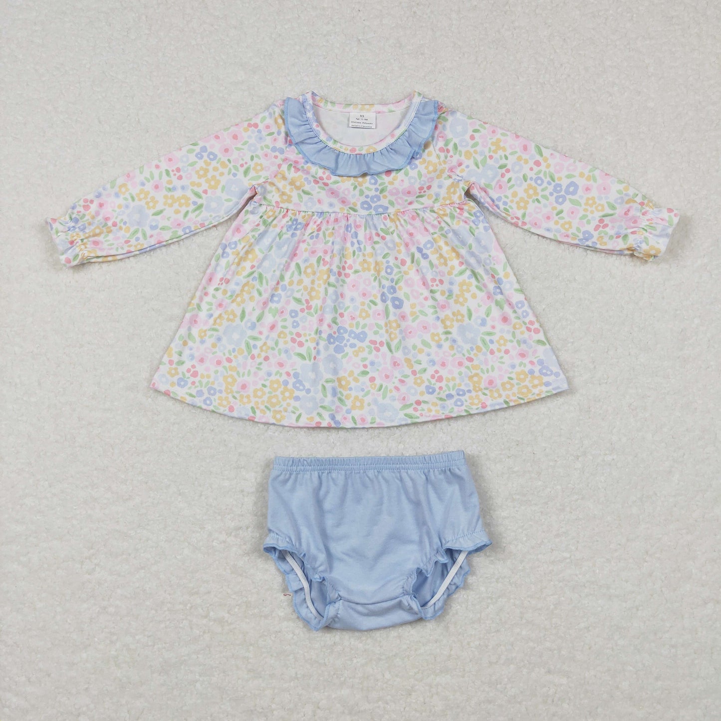 GBO0193 Baby Girl Long Sleeves Floral Tops Plaid Blue Cotton Bummie Shorts Outfit