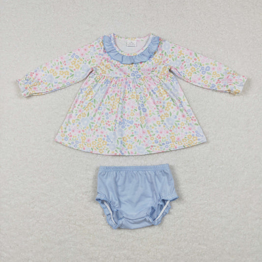 GBO0193 Baby Girl Long Sleeves Floral Tops Plaid Blue Cotton Bummie Shorts Outfit