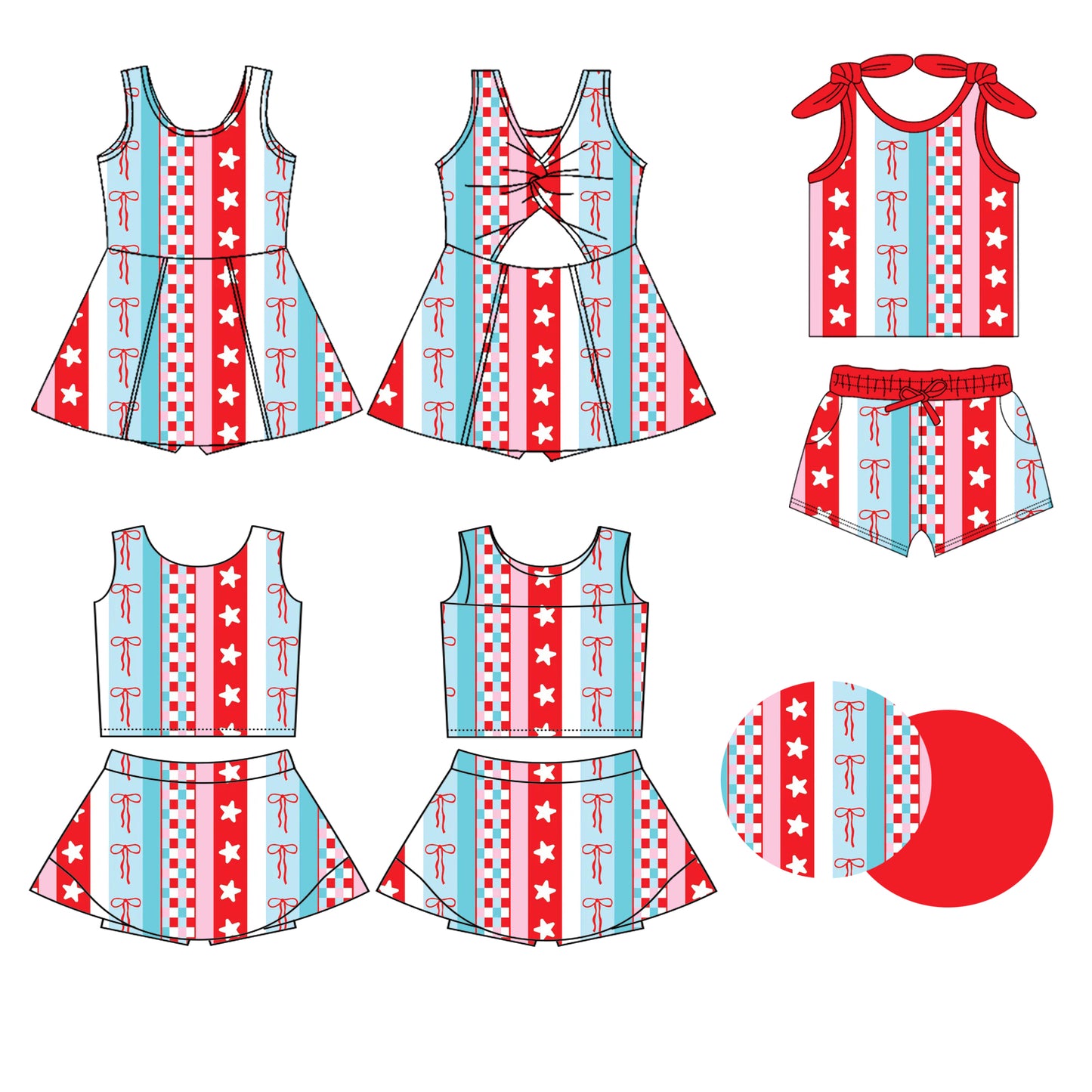 ( Moq 5 Each Style ) Baby Girls Kids Sleeveless Bows Stars Sibling 4th of July Dress Sets