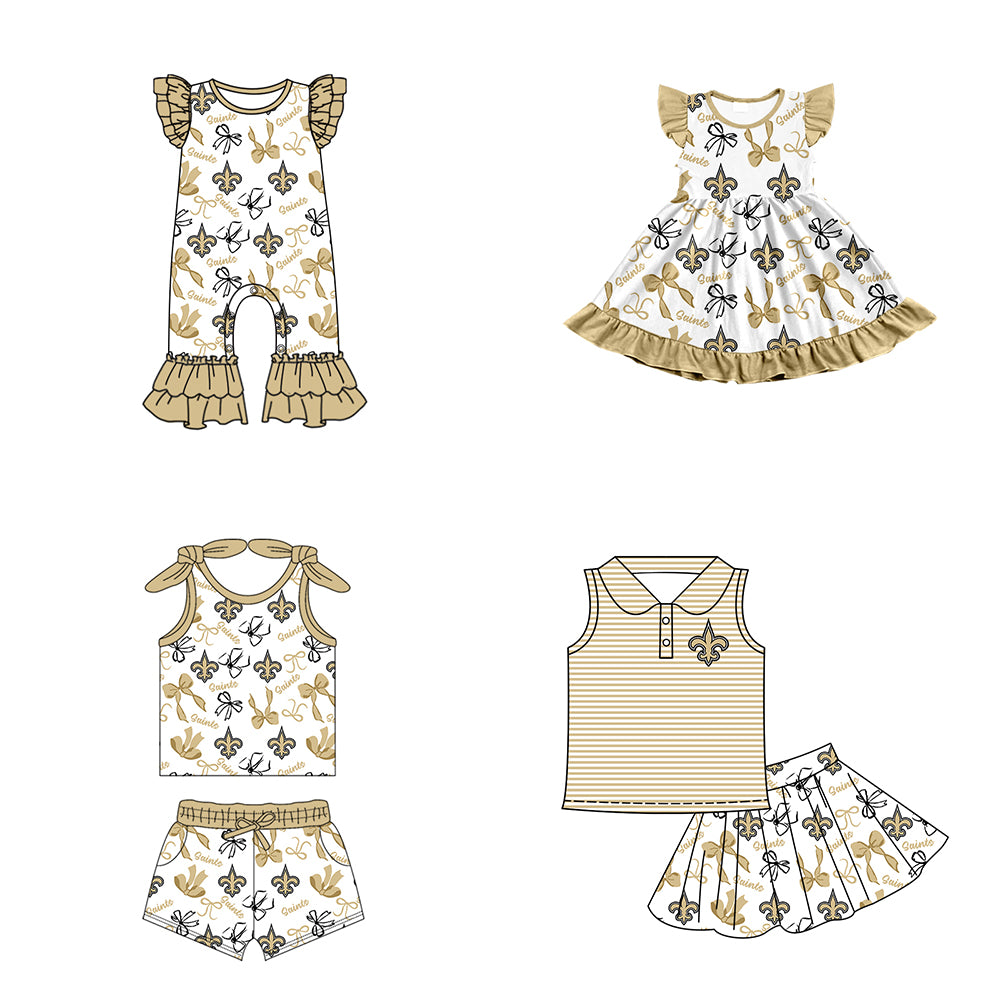 ( Moq 5 each style ) Baby Girl Toddler Team Bows Sibling Khaki Romper Dress Set 7.10