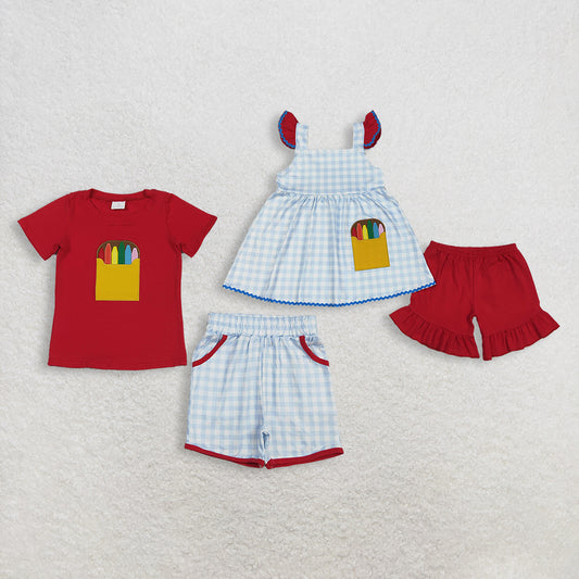 Sibling Baby Boys Girls Embroidery Pencil Plaid Tops Shorts Back to School Sets RTS