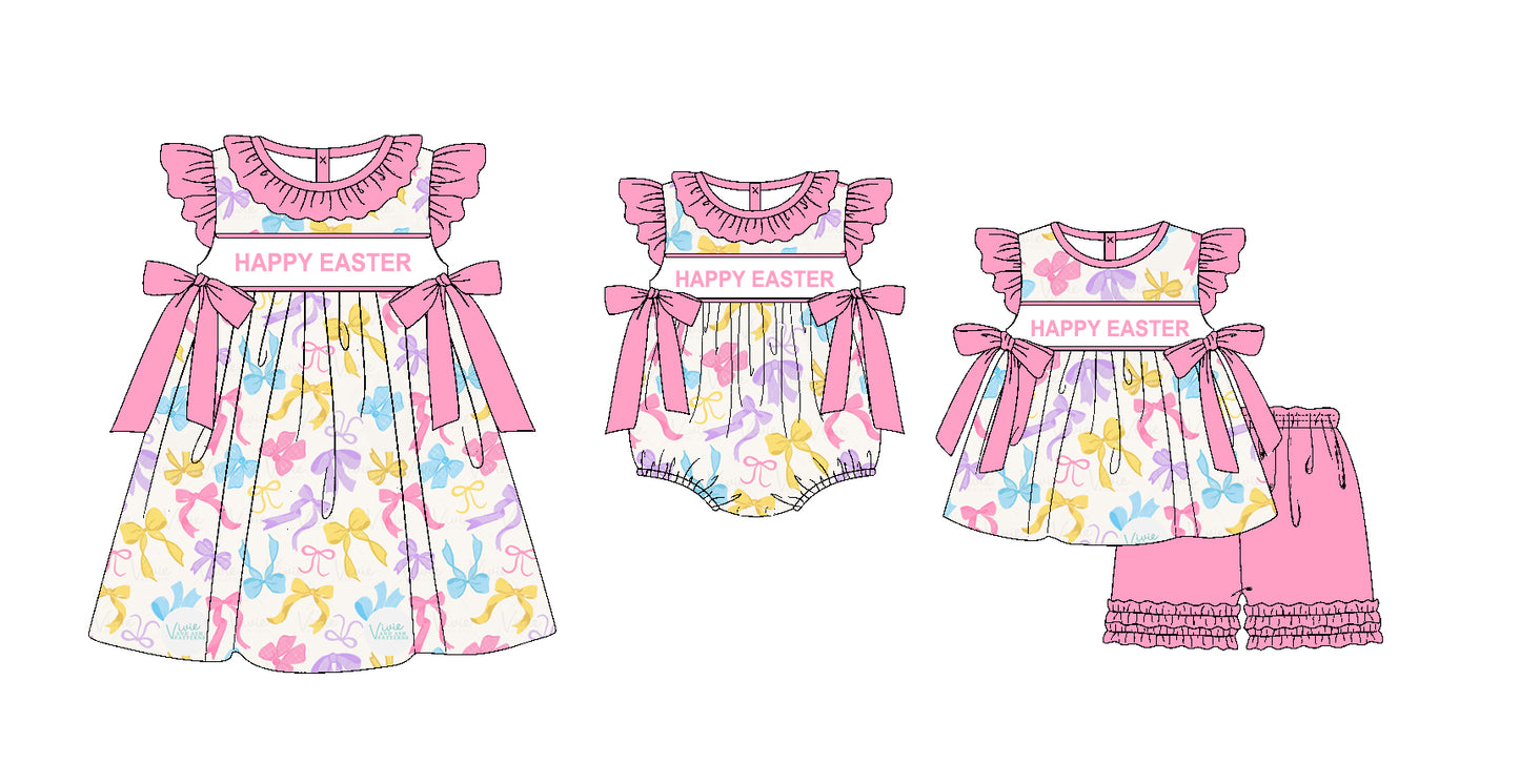 Baby Girl Happy Easter Bows Sibling Romper Dress Clothes Set ( Moq 5 Each Design )11.20