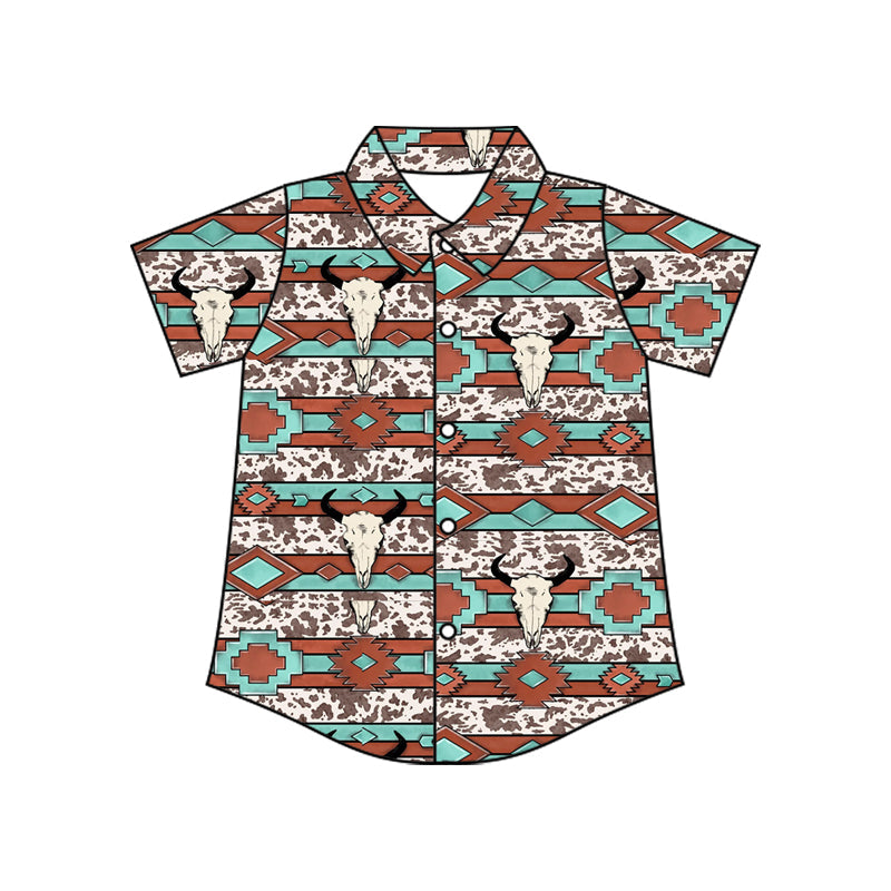 ( Moq 5 ) Baby Boy Short Sleeves Aztec Bull Skull Cow Button Shirts Tops