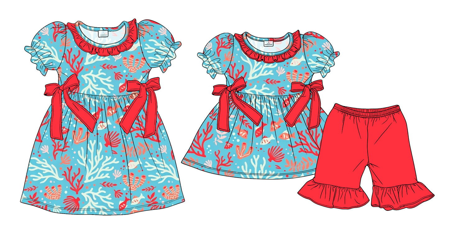 ( Moq 5 Each Style ) Sibling Baby Girls Kids Short Sleeves Bows Fish Dress Set Clothes