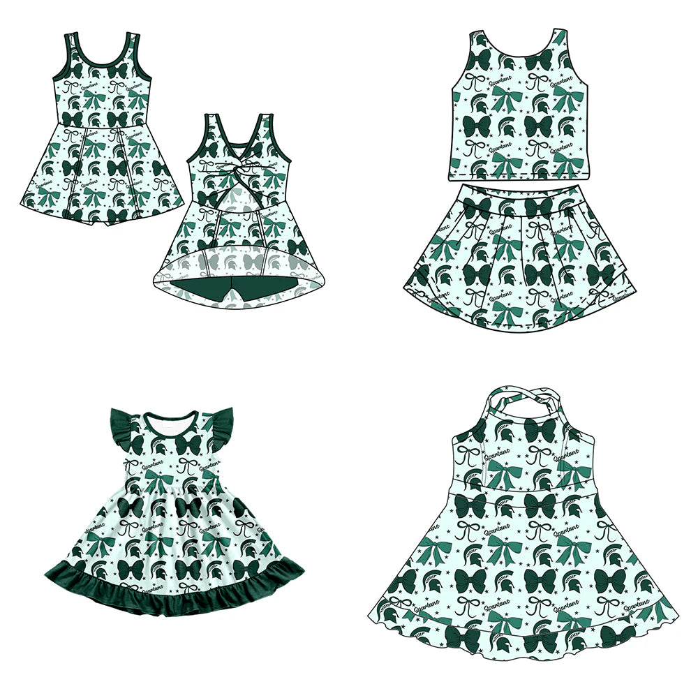( Moq 5 each style ) Baby Girl Toddler Team Green Bows Sibling Dress Set 6.26