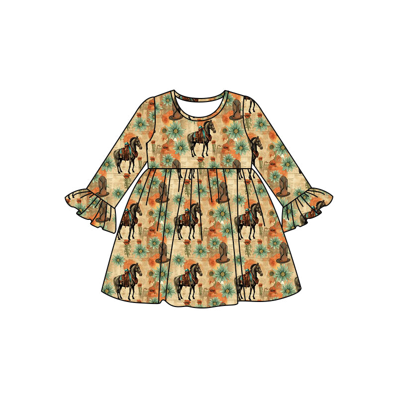 Baby Girl Long Sleeves Horses Flower Western Dress