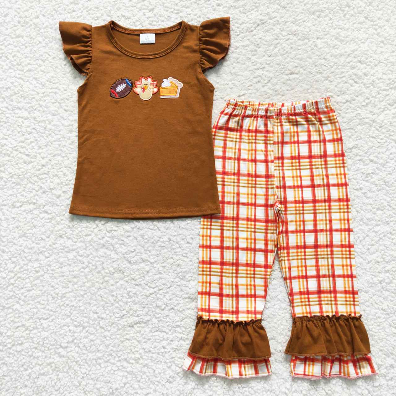 GSPO0759 Thanksgiving Baby Girl Short Sleeves Embroidery turkey Pie Shirt Ruffle Plaid Pants Outfit