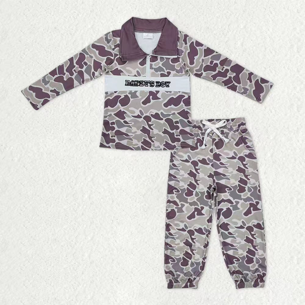 Baby Boys Long Sleeves Embroidery Daddy's Boy Shirt Pockets Dark Grey Camo Jogger Pants Set