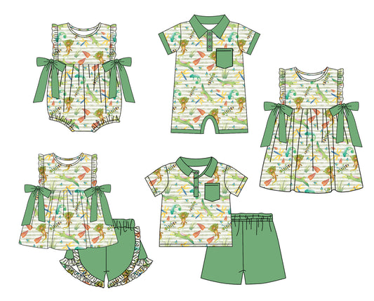 Baby Boy Girl Animals Sibling Matching Green Dress Romper Clothes Set ( Moq 5 Each style )