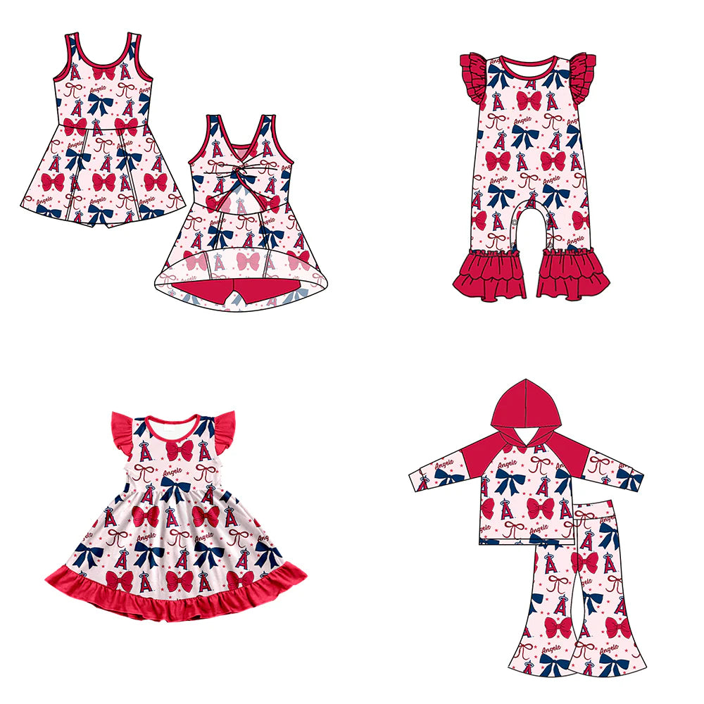 ( Moq 5 each style ) Baby Girl Toddler A Team Red Blue Bows Sibling Romper Dress Set 6.16