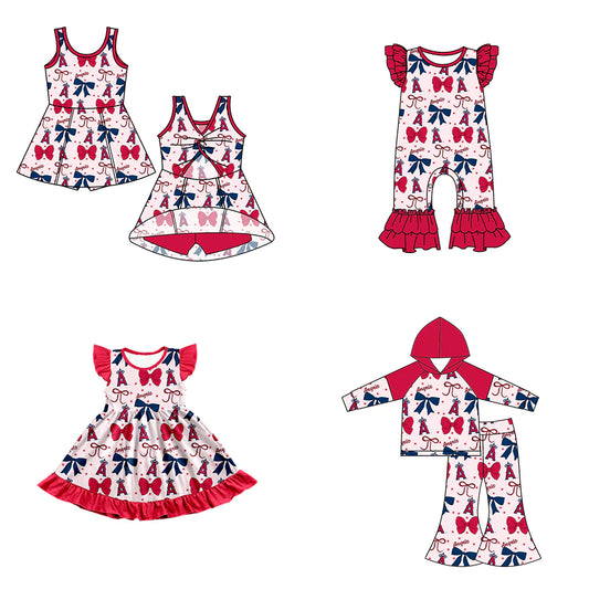 ( Moq 5 each style ) Baby Girl Toddler A Team Red Blue Bows Sibling Romper Dress Set 6.16