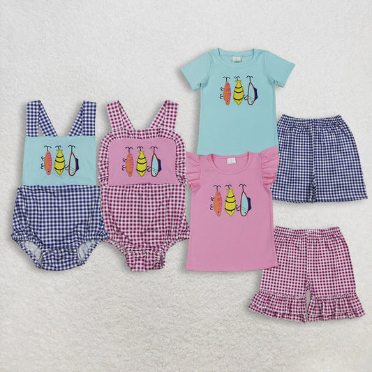 Sibling Baby Boys Girls Kids Embroidery Fishing Plaid Bubble Rompers Set RTS