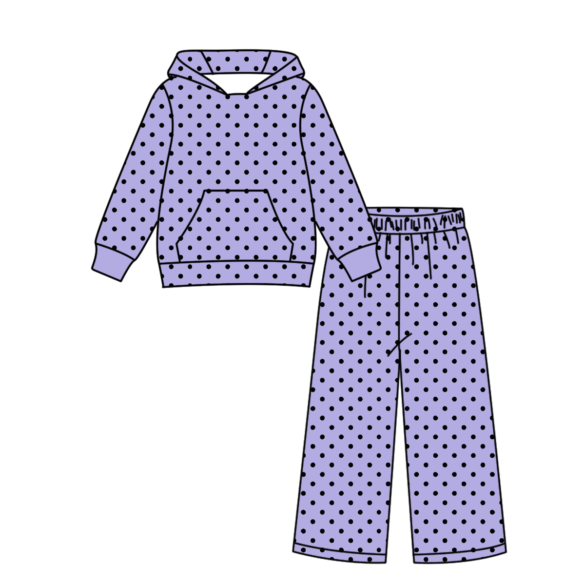 ( Moq 5 ) Custom Baby Girls Kids Black Dots Hoodie Pullover Pants Lavender Set Clothes