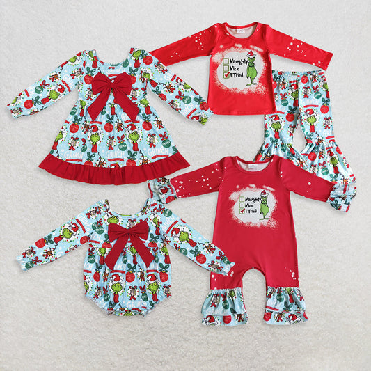 Sibling Kids Girls Long Sleeves Green Face Christmas Romper Dress Outfit Clothes RTS