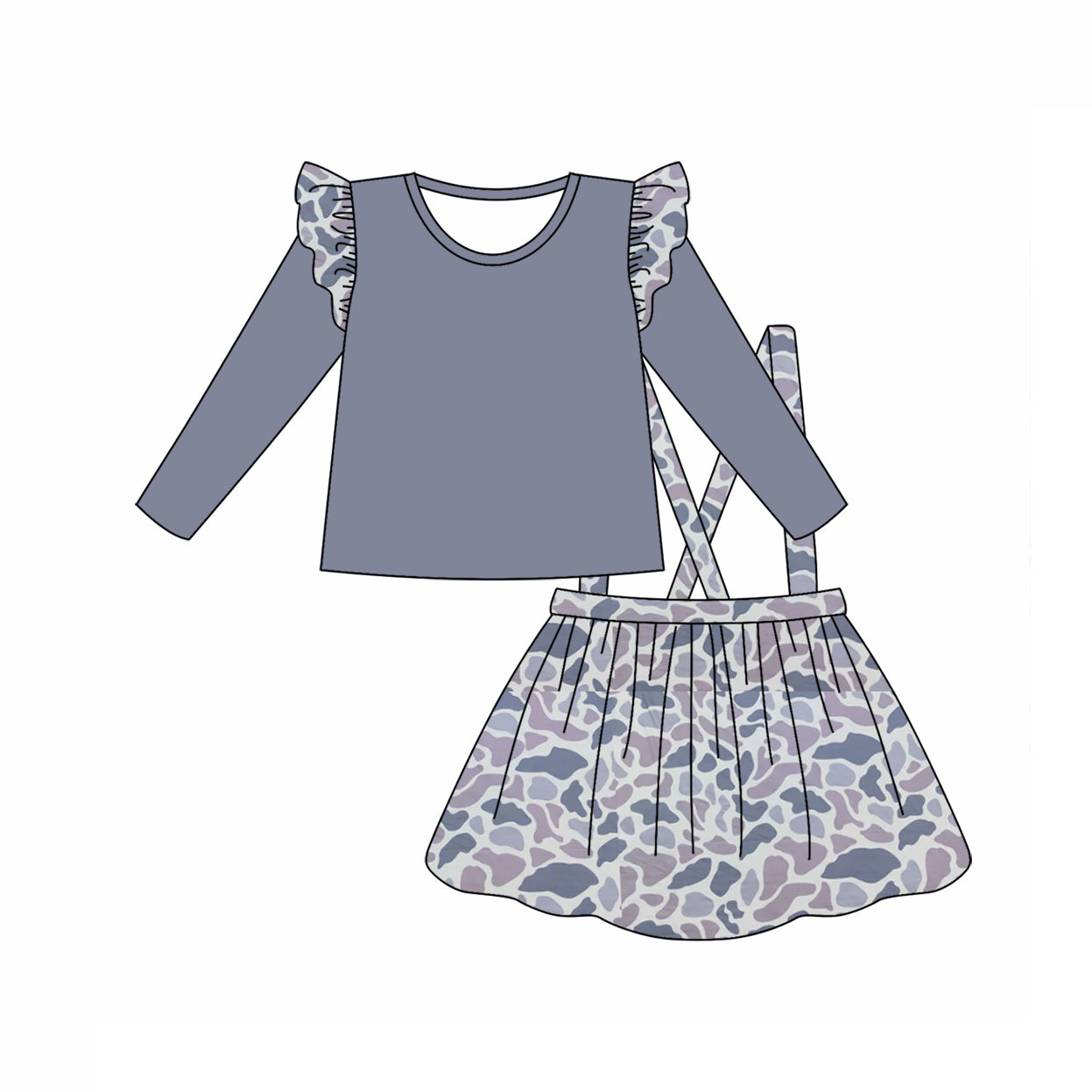 Baby Girl Cotton Top Grey Camo Suspender Skirt Clothes Set