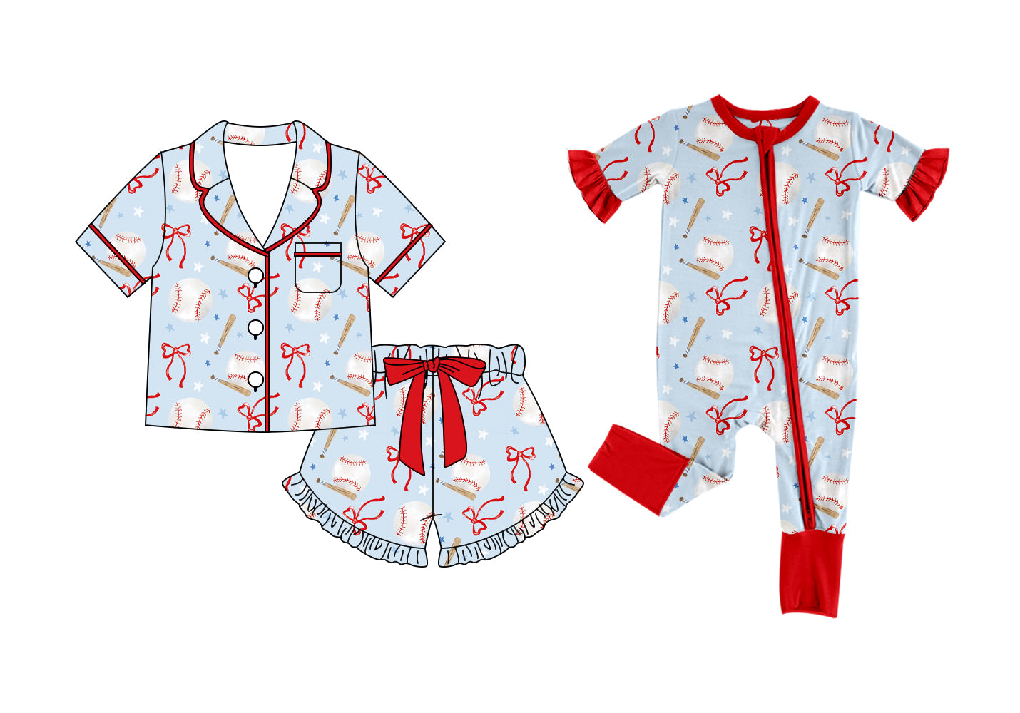 ( Moq 5 Each Style ) Baby Girls Kids Toddler Baseball Bows Sibling Summer Zipper Romper Pajamas Set