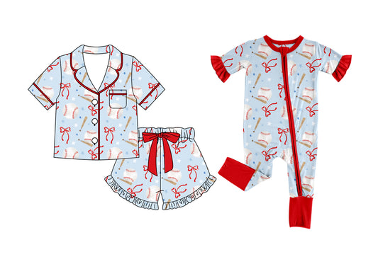 ( Moq 5 Each Style ) Baby Girls Kids Toddler Baseball Bows Sibling Summer Zipper Romper Pajamas Set