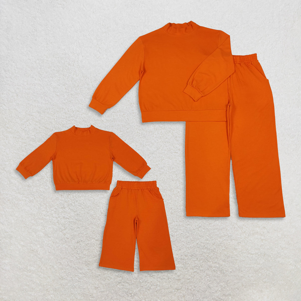Sibling Baby Girls Adult Women Long Sleeves Orange Shirts Pockets Cotton Pants Mock Neck Sets RTS