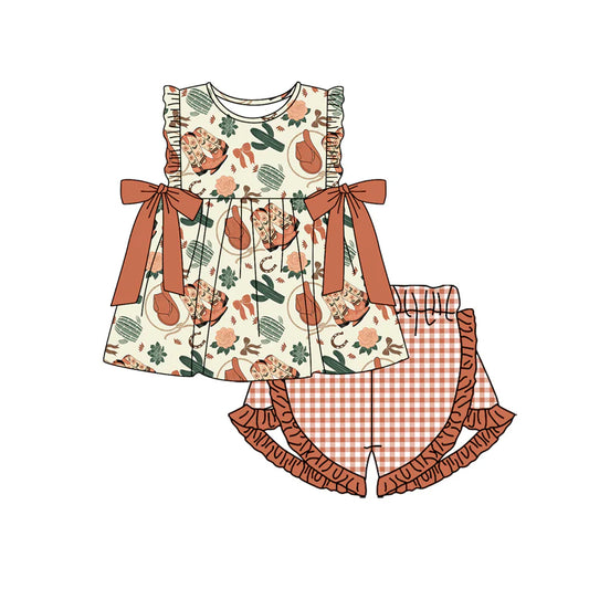 Baby Girl Sleeveless Hats Cactus Tunic Plaid Ruffle Short Set ( Moq 5 )