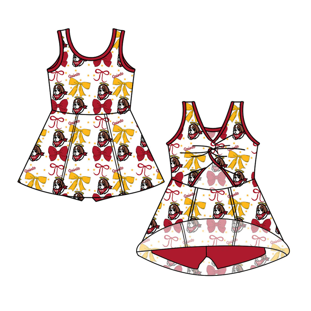 ( Moq 5 each style ) Baby Girl Summer Dog Team Cheer Sibling Bows Dress Set 7.18
