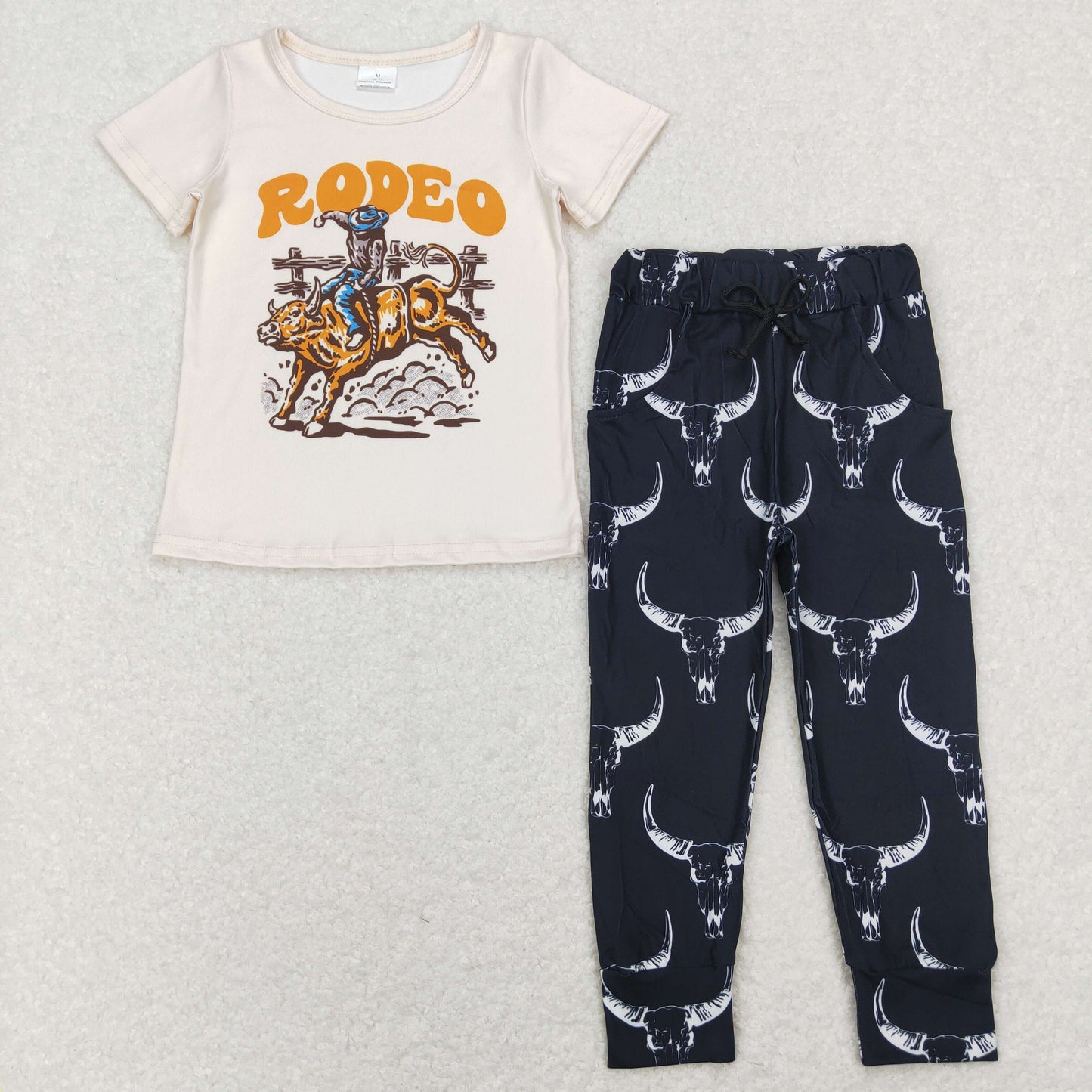 BSPO0309 Baby Boy Short Sleeves Rodeo Shirt Cow Print Pocket Black Pants Western Set