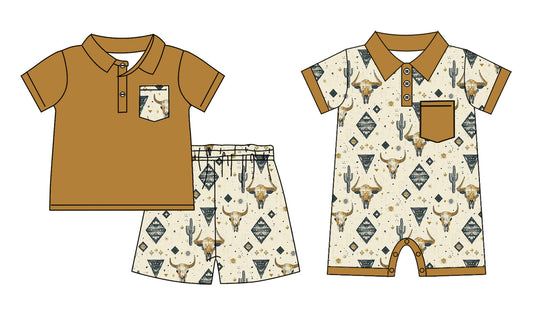 Baby Boy Short Sleeves Western Cow Pocket Sibling  Romper Clothes Set ( Moq 5 Each Design ) 12.9