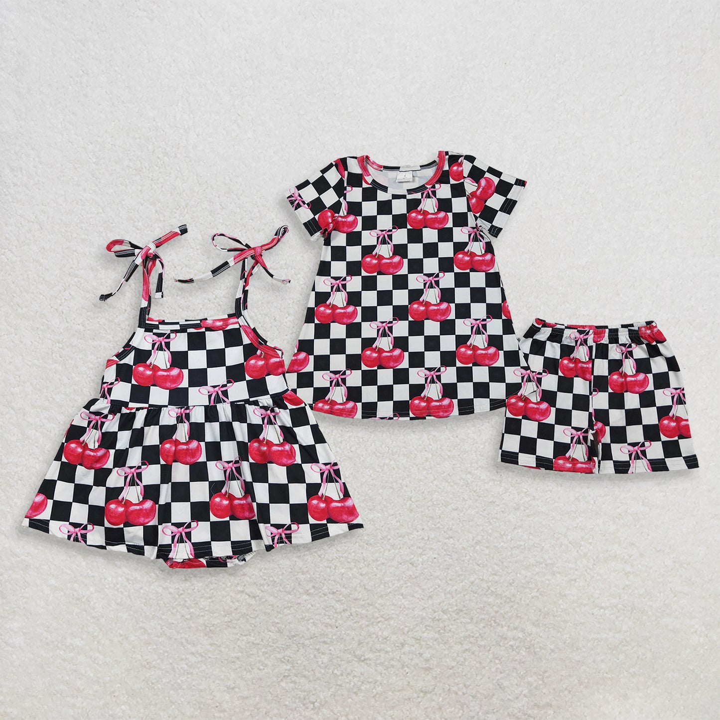 Sibling Baby Girls Kids Cherry Black Checked Romper Set Summer Clothes RTS