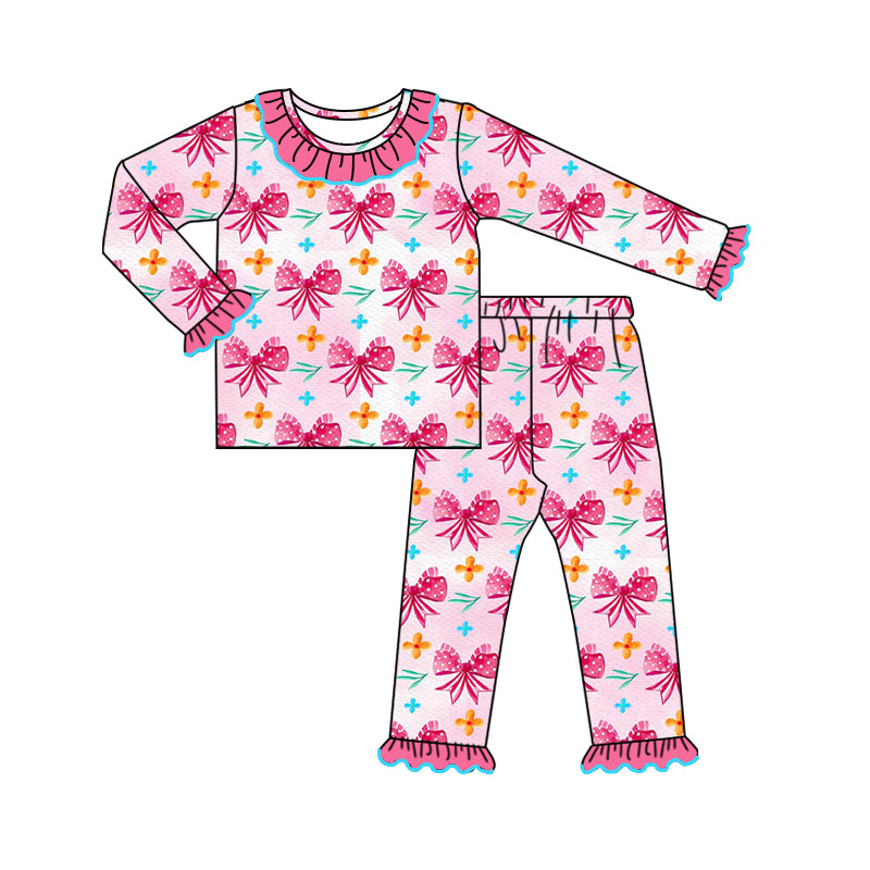 Baby Girl Bows Flower Ruffle Shirt Pants Pajamas Pink Set