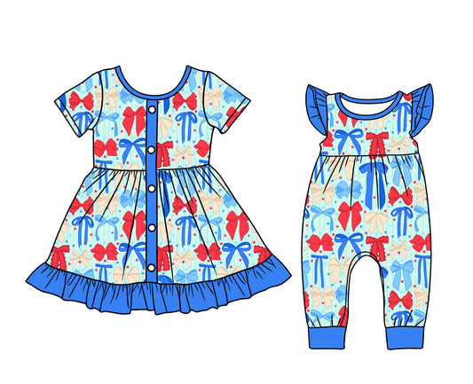 ( Moq 5 Each Style ) Sibling Baby Girls Kids Red Blue Bows 4th of July Romper Dress Clothes