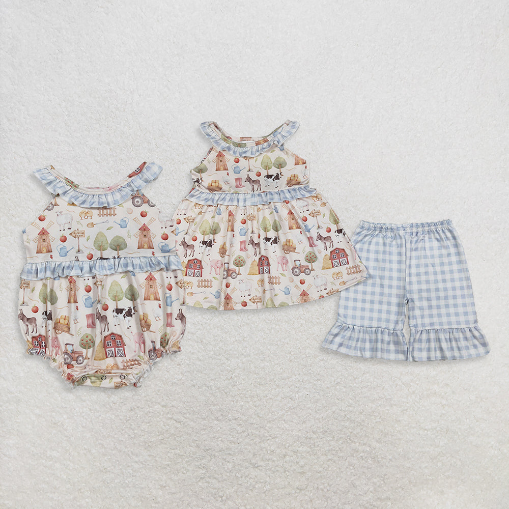 Sibling Baby Girls Kids Farm Animals Ruffle Tops Shorts Set Romper Summer Clothes RTS