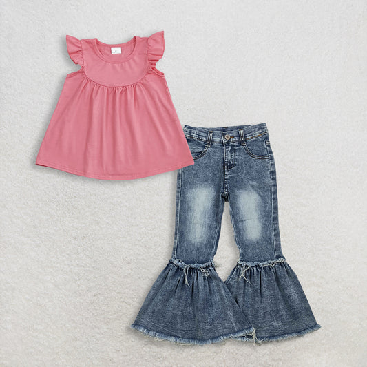 Baby Girls Kids Pink Short Sleeves Cotton Tops Denim Jeans Bell Pants Set RTS