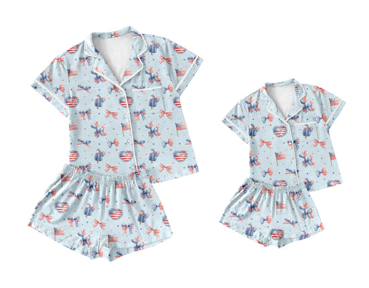 Baby Girl Toddler Adult Women Short Sleeves July 4th Bows Shorts Sibling Family Shorts Pajamas Set ( Moq 5 Each Style )11.25