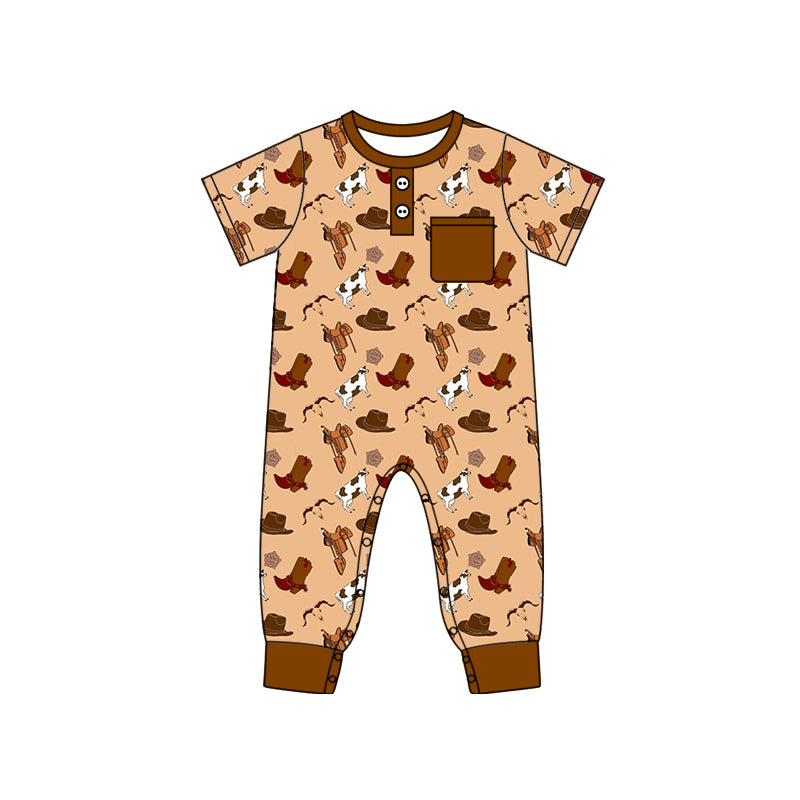 Baby Boy Infant Short Sleeves Western Cow Pocket Romper Moq 5