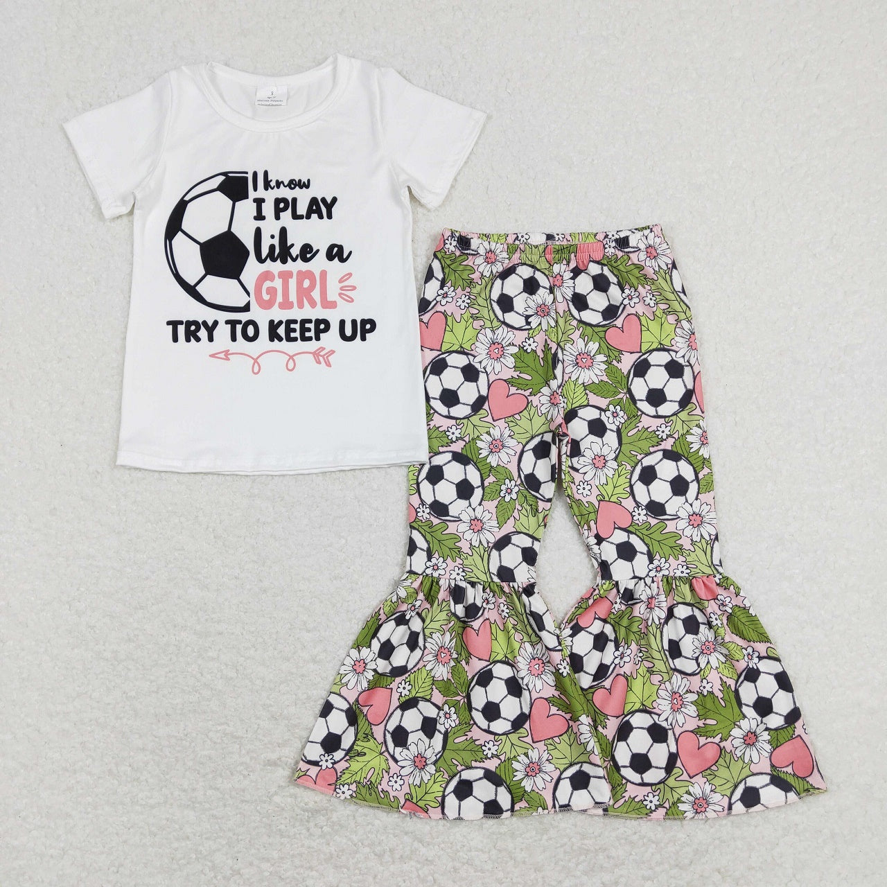 GSPO1263 Baby Girl Short Sleeves Soccer Shirt Floral Hearts Bell Pants Set